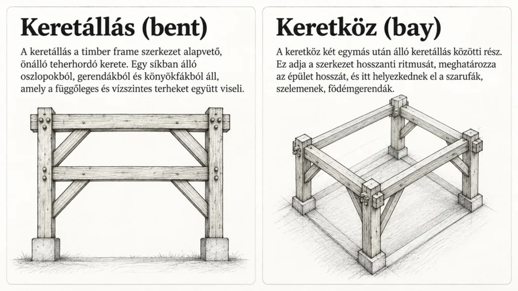 Sematikus grafitrajz a timber framing keretállás (bent) és keretköz (bay) fogalmáról